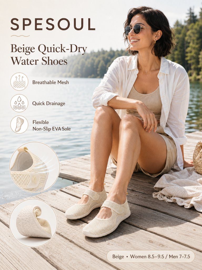 Beige Water Shoes Wide Fit Quick Dry Aqua Swim Shoes Women 8.5-9.5 Men 7-7.5